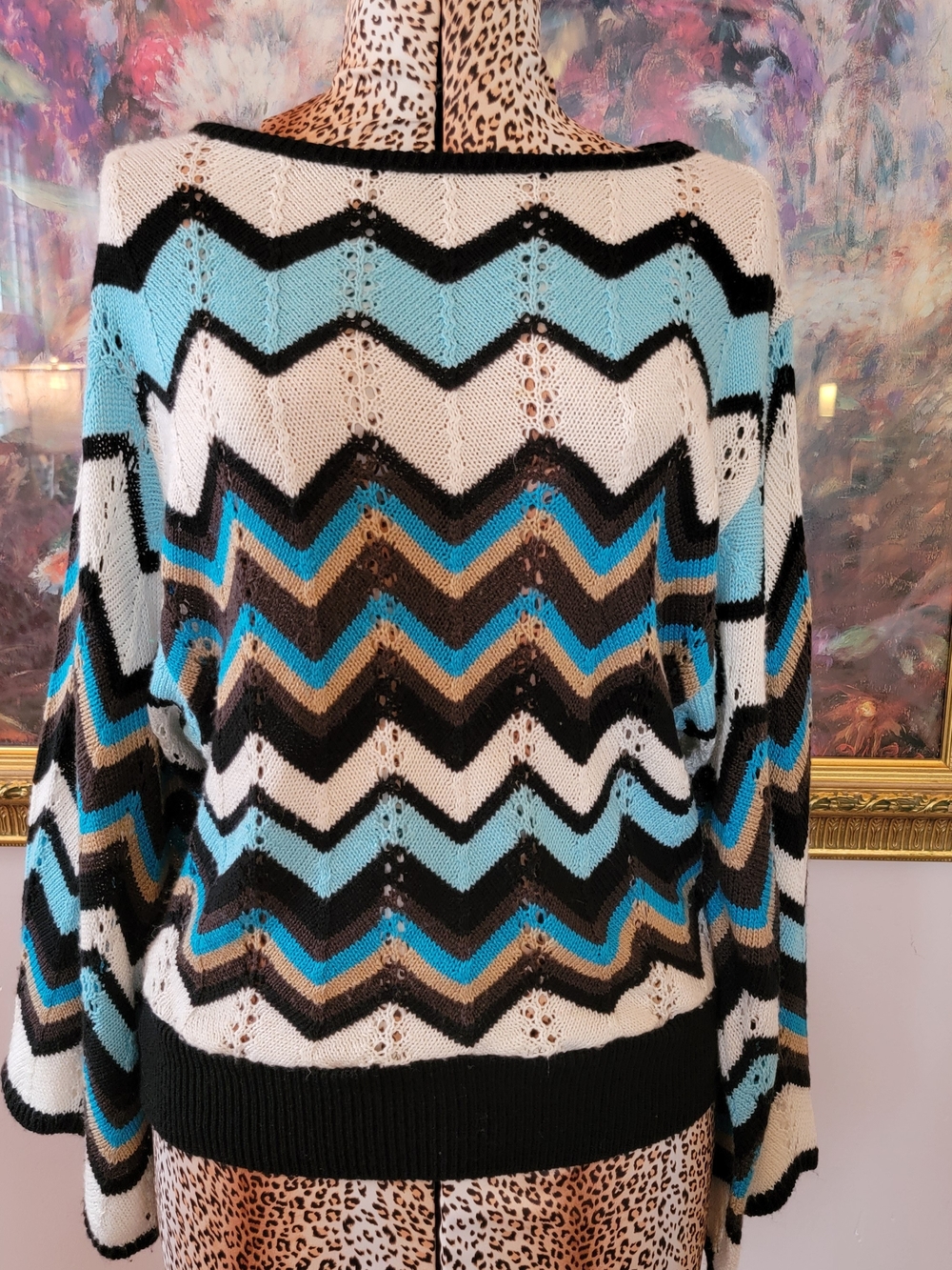 Vintage Fashion Bug Open-Knit Chevron Sweater in White, Black & Blue